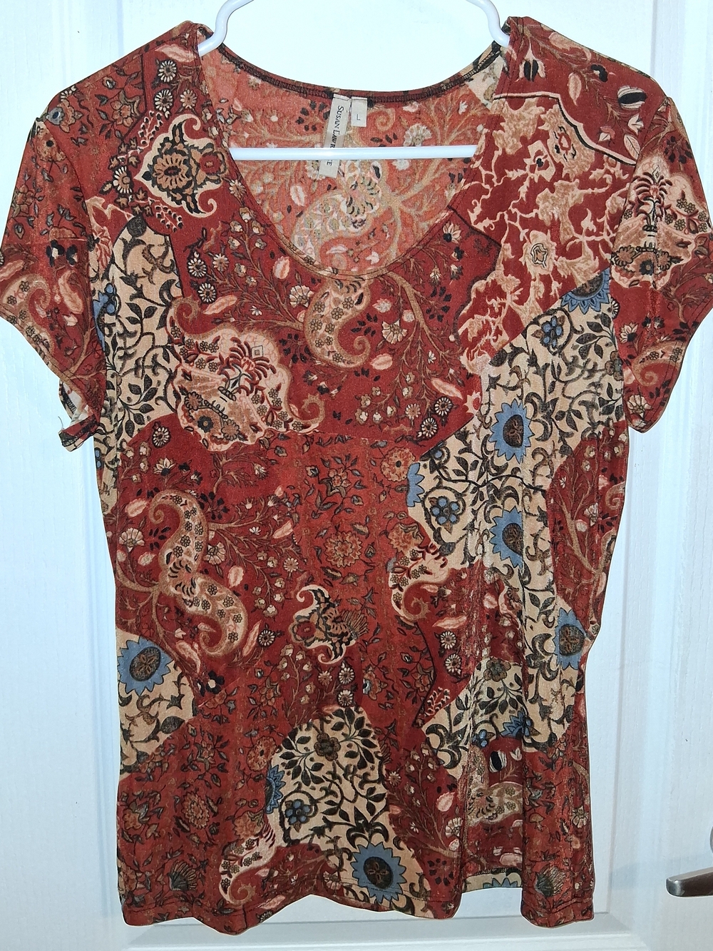 Susan Lawrence Rust Paisley V-Neck Top with Blue and Cream Accents